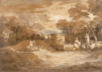 Paysage de montagne avec figures, moutons et fontaine