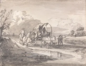 Paysage ouvert avec cavaliers et chariot couvert