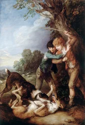Deux jeunes bergers avec des chiens se battant