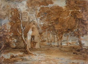 Paysage boisé, cottage, personnages et bateau sur le lac, 1783-1785