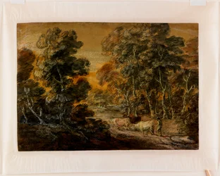 Paysage boisé avec berger et bétail, vers 1770 (craie noire et blanche, vernie)