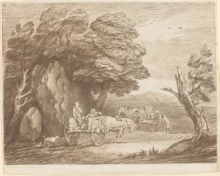 Paysage boisé avec deux charrettes et des figures