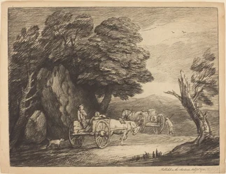 Paysage boisé avec deux charrettes et des personnages
