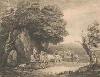 Paysage boisé avec deux charrettes de campagne et des figures