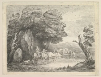Paysage boisé avec deux charrettes de campagne et des figures, 1er août 1797
