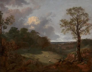 Paysage boisé avec un cottage et un berger