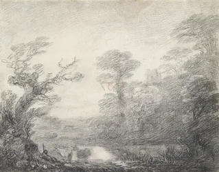Paysage Boisé avec Berger, Vaches et Clocher