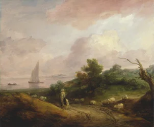 Paysage côtier avec un berger et son troupeau