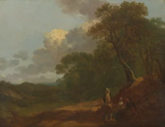 Paysage boisé avec un homme parlant à deux femmes assises
