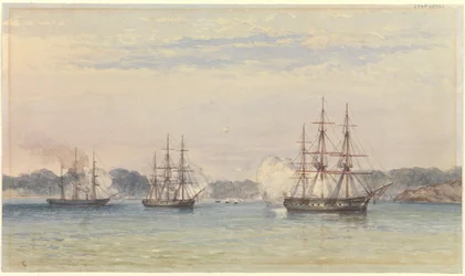 La guerre de Chine 1857, trois navires de Sa Majesté bombardant et des bateaux à terre