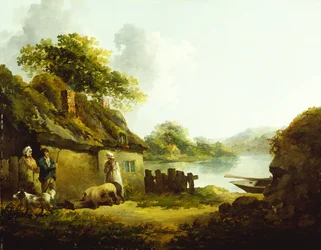 Une famille gitane devant une grange dans un paysage
