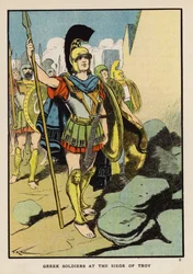 Soldats grecs au siège de Troie (lithographie couleur)