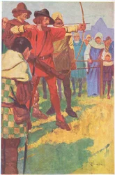 Il tend son arc un bref instant, puis détache la corde (lithographie couleur).