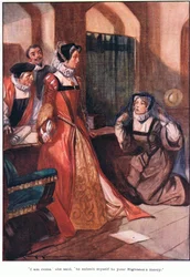 "Je suis venue, dit-elle, pour me soumettre à la miséricorde de votre Altesse". (lithographie couleur)