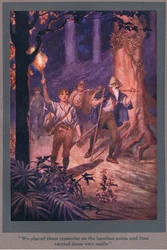 Nous les avons placés en croix sur la perche de bambou, ce qui nous a permis de les transporter très facilement (lithographie en couleur).