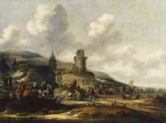 Vue de Scheveningen avec des pêcheurs vendant leur prise