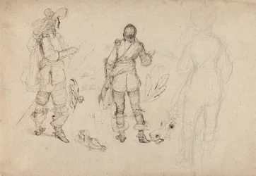 Page de croquis de cavaliers, tête de cheval et plumes