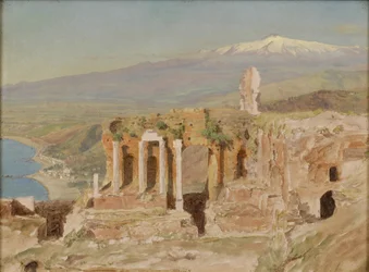 Vue des ruines du théâtre grec de Taormina et du mont Etna, Sicile