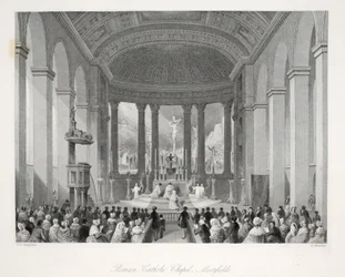Chapelle catholique romaine, Moorfields, tirée de Intérieurs londoniens avec leurs costumes et cérémonies, publiée par Joseph Mead, Londres, vers 1843