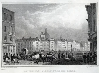 Marché de Smithfield depuis les Barrs, gravé par Thomas Barber, c.1830