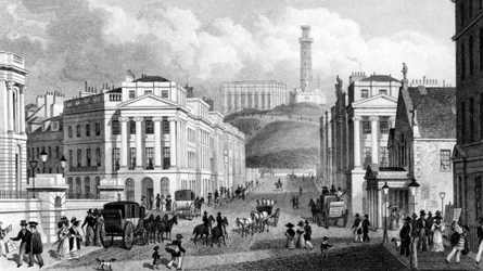 Waterloo Place, le Monument national, le monument à Nelson et Calton Hill, Édimbourg, gravé par Thomas Barber, 1829