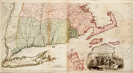 Carte de la partie la plus habitée de la Nouvelle-Angleterre, contenant les provinces de la baie du Massachusetts et du New Hampshire avec les colonies du Connecticut et du Rhode Island