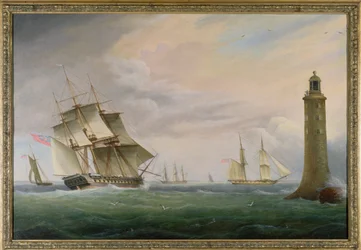 Une Frégate et une Brigantine de la Marine passant le Phare d