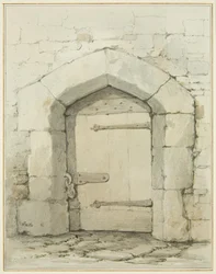 Ancienne arche et porte dans Tower Lane en face de la sacristie de l