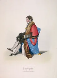 Alderman Sir William Heygate, assis et en costume civique montrant robe et chapeau, 1825