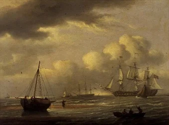 Un Indiaman en attente, et des bateaux au large de la côte sud