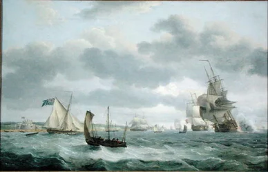 Navires de guerre et autres navires dans une brise au large de Douvres