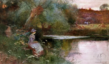 At Hampton Lucy, Warwickshire. Une jeune fille assise au bord d