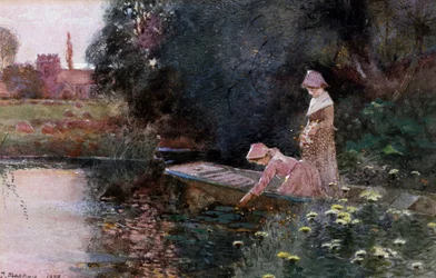 Picking Water Lilies. Deux jeunes filles sur une barque dans un bassin ramassent des fleurs nenuphars. Peinture de Thomas Mackay (1851-1920) Collection privee