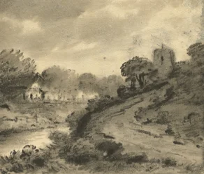 Paysage fluvial boisé avec un rocher au premier plan à gauche, vers 1800