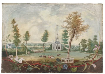 Une chapelle gothique dans un parc étendu, dans un cartouche décoré de fleurs coupées