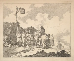 Une foire - Un groupe de gitans - Hommes et femmes en vêtements rustiques devant deux abris de fortune, 1786