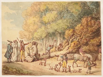 Un chasseur avec sa famille donnant des instructions à des bûcherons pour débiter un arbre abattu