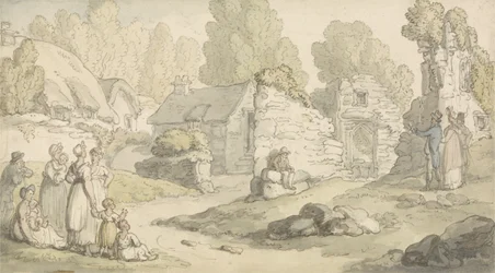 Scène de Village avec Personnages et Bâtiments en Ruines