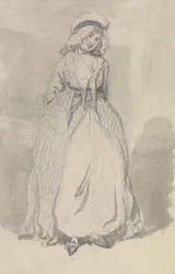 Une jeune femme en robe rayée bleue