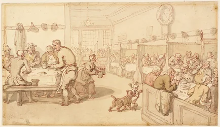 At an Old English Eating House (plume et encre rouge avec pinceau et aquarelle sur graphite, sur papier vélin crème)