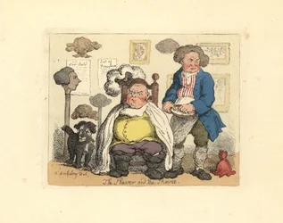 Barbier et client dans une boutique de coiffure décorée de perruques
