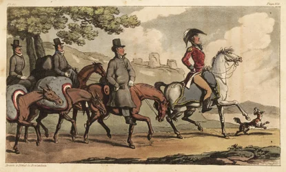 Le capitaine Johnny Newcome et ses serviteurs avec des chevaux de bât sur la route de Santarém, Portugal, pour retourner à la campagne péninsulaire. Gravure à l