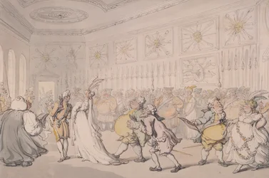 Courtisans traversant la salle de garde, Palais de St James, Londres, vers 1808