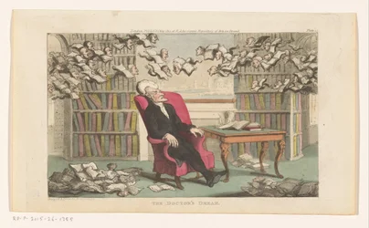 Le Docteur Syntax dormant dans une bibliothèque