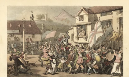 Gentleman anglais porté en chaise à porteurs pour une élection