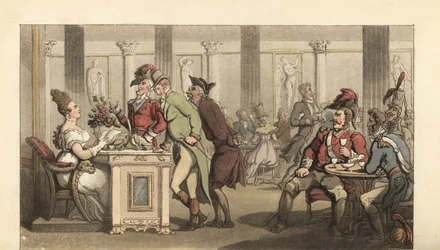 Gentleman anglais flirtant avec la Belle Limonadière dans un café à Paris