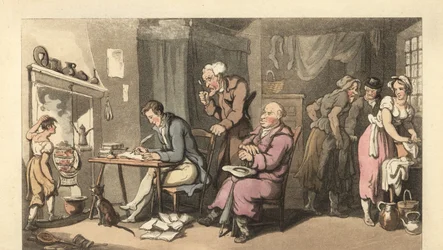 Gentleman anglais écrivant une lettre de mendicité dans un salon décrépit