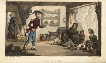 Enseigne Johnny Newcome arrivant à son billet de subalterne au Portugal, un taudis avec des mendiants sales. Gravure à l