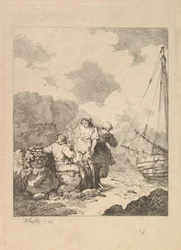 Pêcheurs au bord de la mer - Scène côtière avec un homme assis sur des rochers et fumant une pipe, Nex, 1786