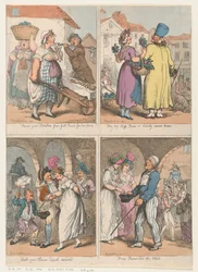 Quatre scènes de la série Cries of London : Voici vos pommes de terre..., Achetez ma mousse..., 1er août 1801